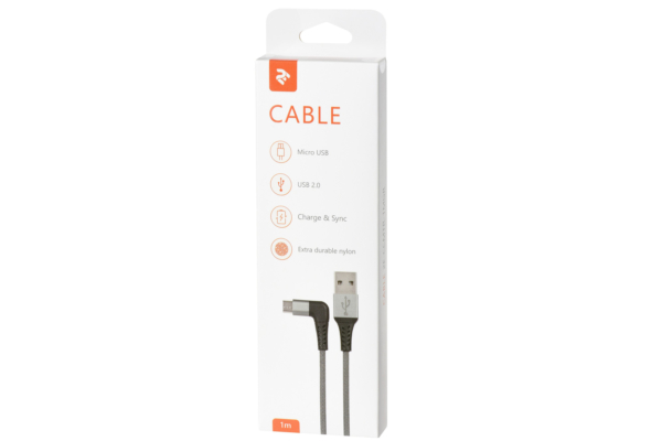 Кабель 2E USB 2.0 USB MicroUSB Flat Fabric Right Angle 1m Grey
