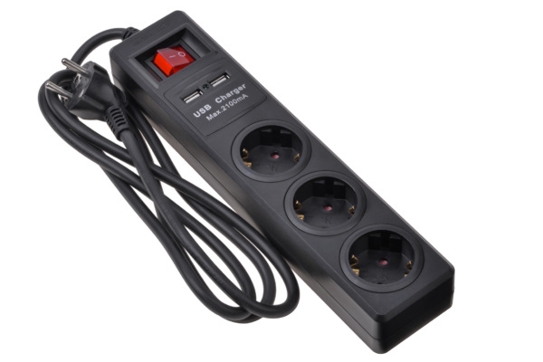 Surge protector 2Е with 3 sockets and a switch, 2хUSB, 3G1.5, 1.8m, black