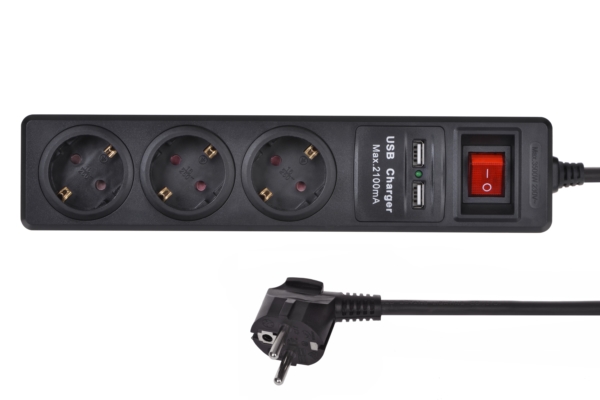 Мережевий фільтр 2Е на 3 розетки з вимикачем, 2хUSB, 3G1.5, 1.8м, чорний
