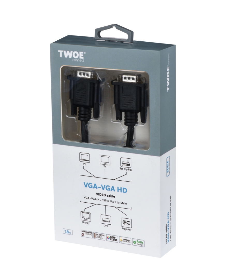Кабель 2E SVGA-SVGA HD 15Pin Male to to male, Molding Type 1.8m