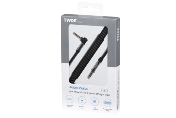 Cable 2E audio (jack 3.5mm-M/jack 3.5mm-M) right angel, Coiled 1.8m Black