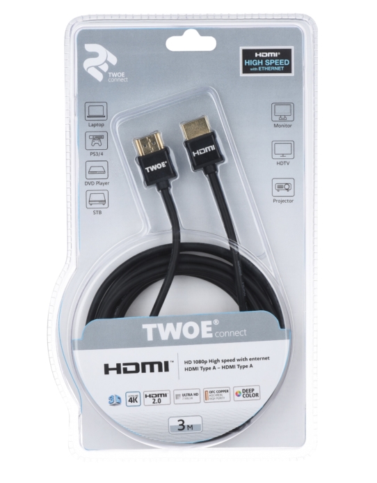 Cable 2Е HDMI 2.0 (AM/AM), Slim, High Speed, Alumium Black 3m