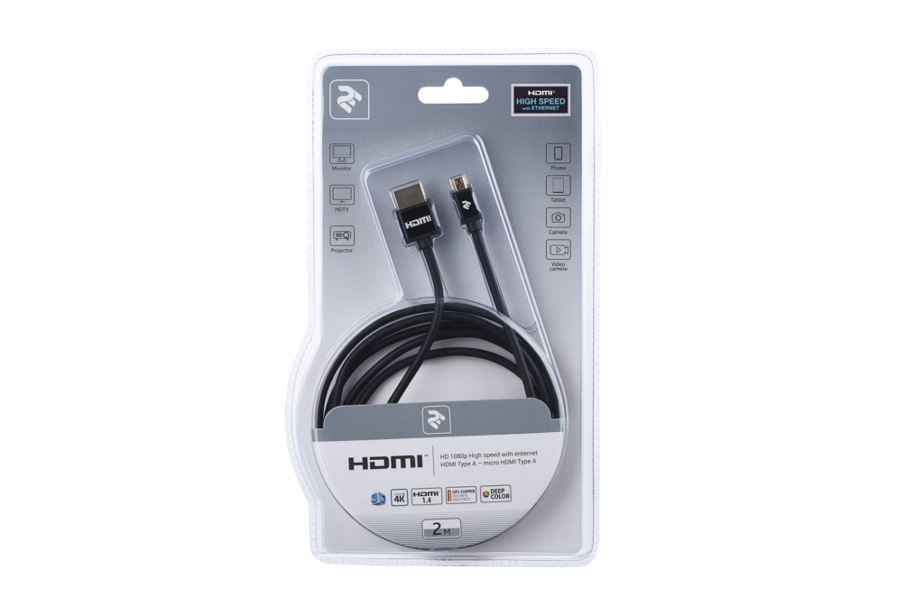 Cable 2Е Ultra Slim HDMI 1.4 (AM/microAM) High Speed, Alumium Black 2m