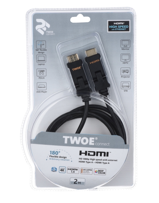 Cable 2Е Ultra Slim HDMI 1.4 (AM/AM) 180 degree, High Speed, Alumium Black 2m