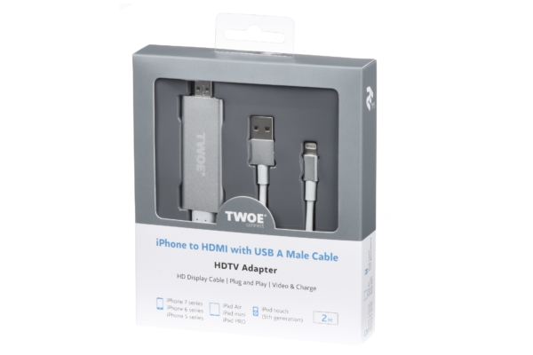 Adapter 2E Lightning to HDMI with USB A Male Cable, Aluminum Shell, 2 m