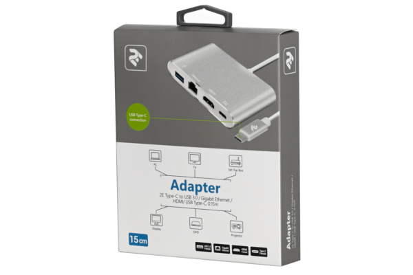 Adapter 2E Type C to USB 3.0 Female+Gigabit+HDMI Female+USB Type C Female, 0.15m