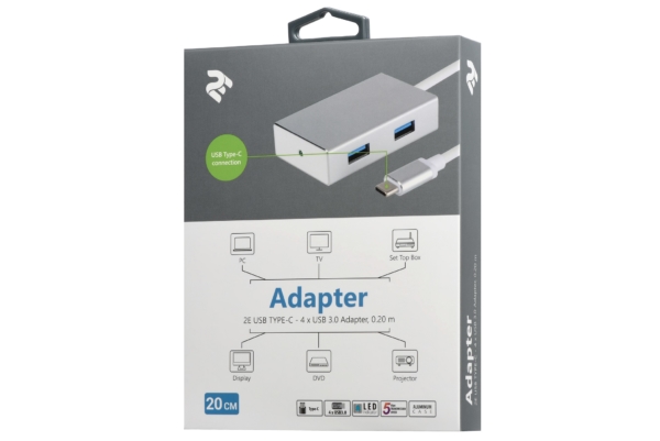 Адаптер 2Е Type-C to 4xUSB3.0, Hub Aluminum, 0.20 м