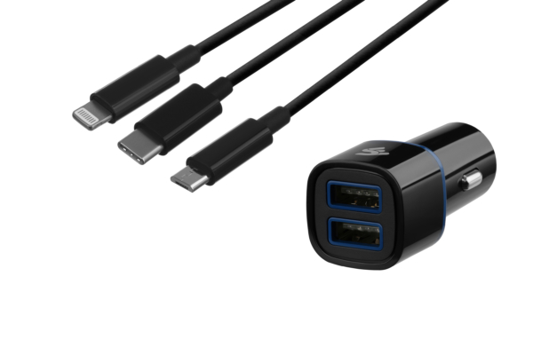 Автомобильное ЗУ 2хUSB+кабель 3в1 Lightning/MicroUSB/USB Type-C, Black