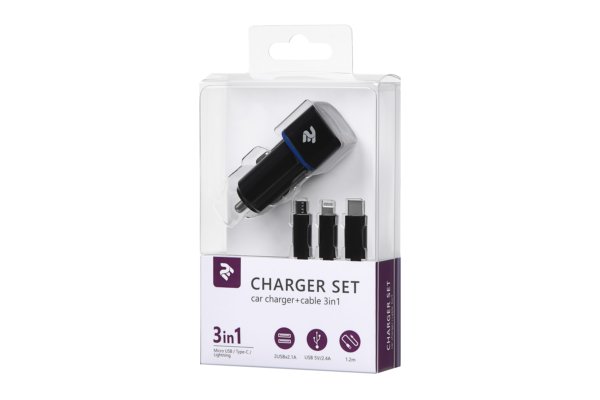 Автомобильное ЗУ 2хUSB+кабель 3в1 Lightning/MicroUSB/USB Type-C, Black