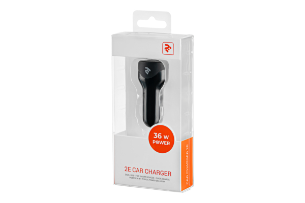 2E Dual USB Car Charger, Power Delivery, Quick Charge 3.0, 36W, Black