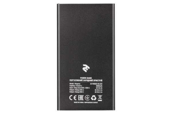 2E Портативний зарядний пристрій 5000mAh, Metal surface, DC 5V, 2.1A, black