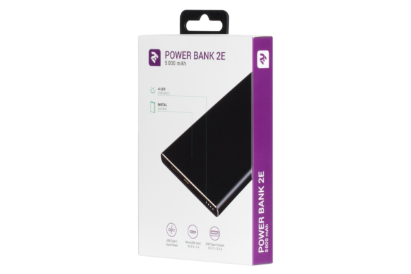 2E Портативний зарядний пристрій 5000mAh, Metal surface, DC 5V, 2.1A, black