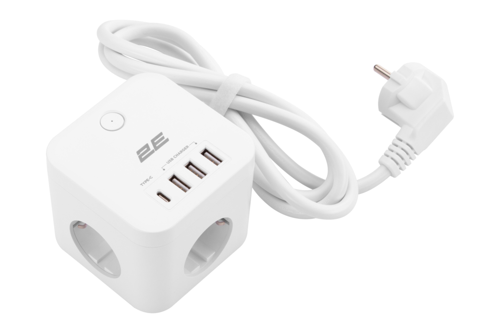 Power adapter 2E 3XSchuko with switch, 1.5m, white
