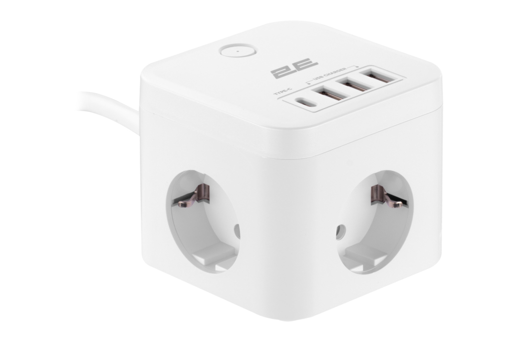 Power adapter 2E 3XSchuko with switch, 1.5m, white