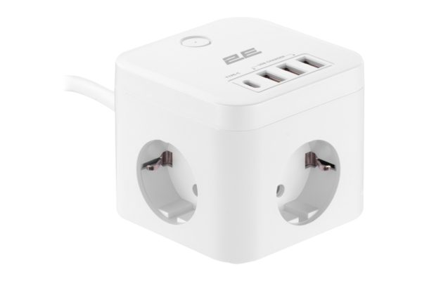 Power adapter 2E 3XSchuko with switch, 1.5m, white