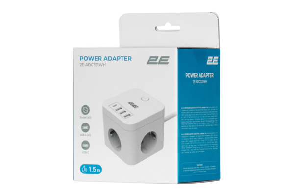 Power adapter 2E 3XSchuko with switch, 1.5m, white
