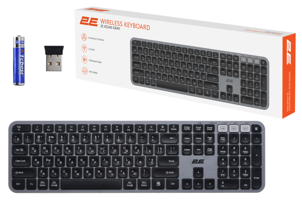 Keyboard 2E KS240 WL BT Gray