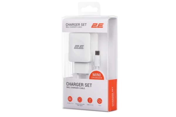 Набор Сетевое ЗУ 2E Wall Charger Dual USB-A 2.1A + кабель USB-C White