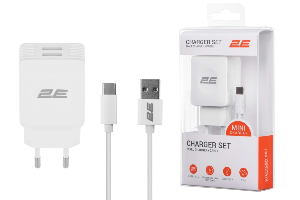 2E Набір Мережевий ЗП Wall Charger Dual USB-A 2.4A+кабель USB-C White