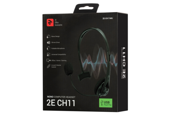 PC headset mono On-ear 2E CH11 USB, omni-mic, 2m, black