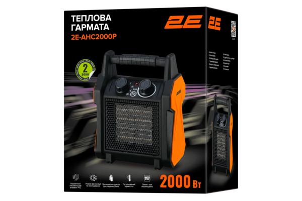 Теплова гармата електрична 2E Portable Ceramic, 2кВт, 20м кв, 139м куб/год, керамічний нагрів. елемент (PTC), чорний