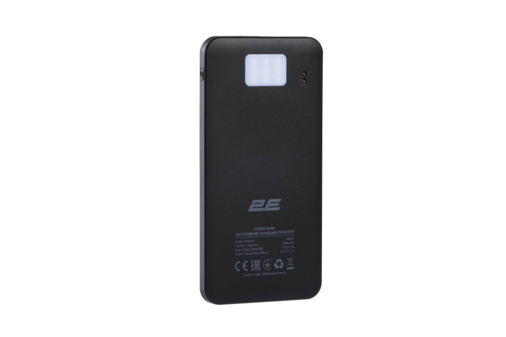 2E Акумулятор портативний літій-іонний Power Bank Solar 8000мА·год, вбудований LED-ліхтар, чорний