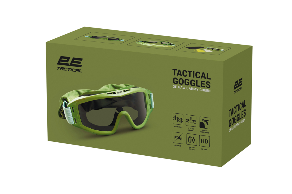 2E Tactical Маска тактична, захисна Hawk Army Green Anti-fog, сумка, 3 лінзи