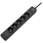 Power strip with surge protector 2E 5xType F, 3×1.5mm2, 16A, 3xUSB-A, 2m, white