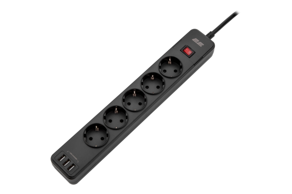 Power strip with surge protector 2E 5xType F, 3×1.5mm2, 16A, 3xUSB-A, 2m, white