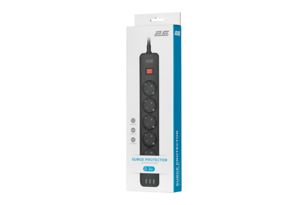 Power strip with surge protector 2E 5xType F, 3×1.5mm2, 16A, 3xUSB-A, 2m, white