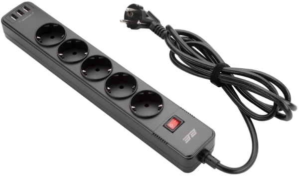 Power strip with surge protector 2E 5xType F, 3×1.5mm2, 16A, 3xUSB-A, 2m, white