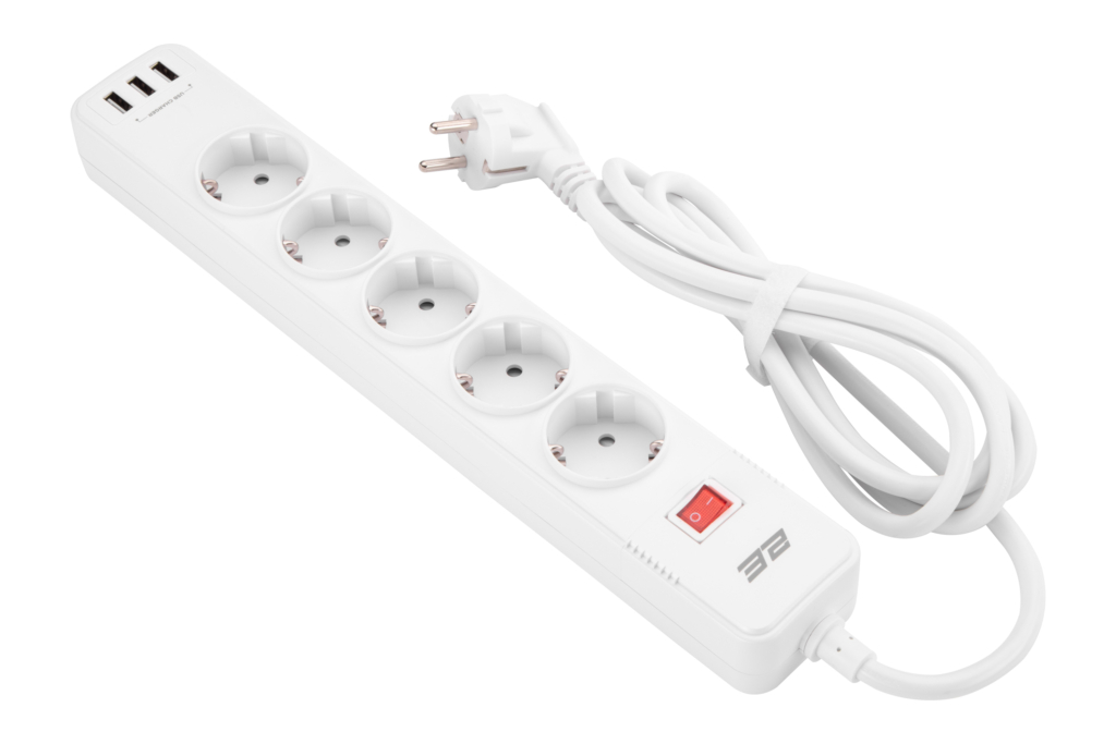Power strip with surge protector 2E 5xType F, 3×1.5mm2, 16A, 3xUSB-A, 2m, white
