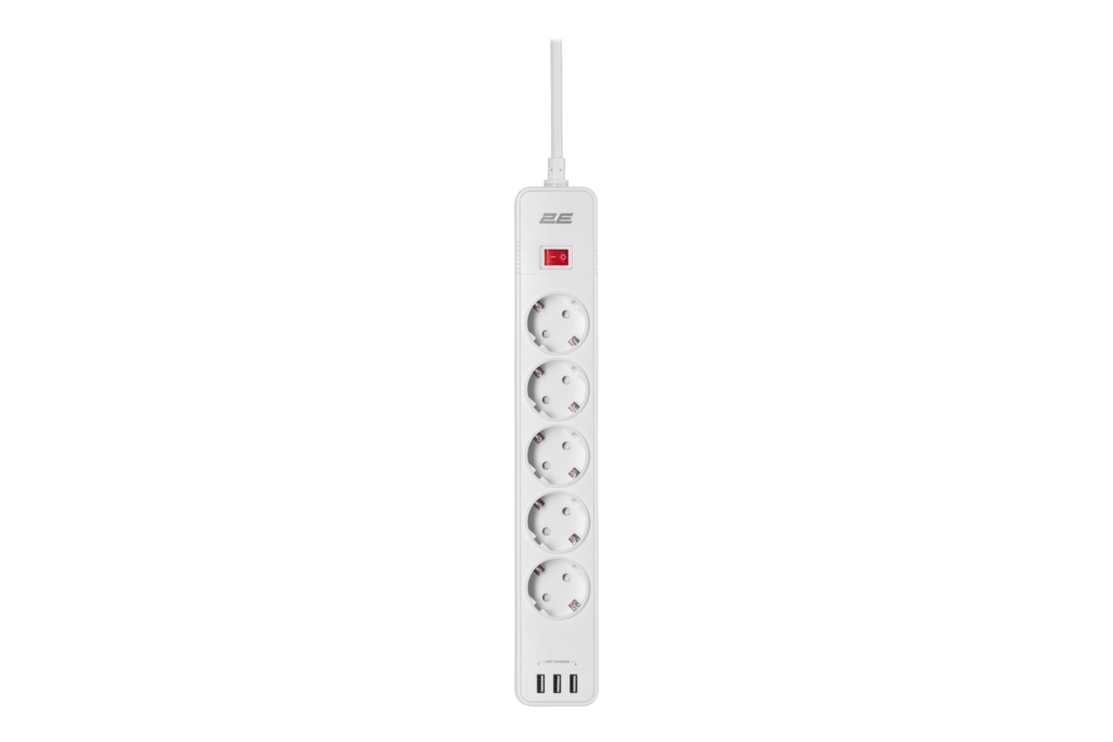 Power strip with surge protector 2E 5xType F, 3×1.5mm2, 16A, 3xUSB-A, 2m, white