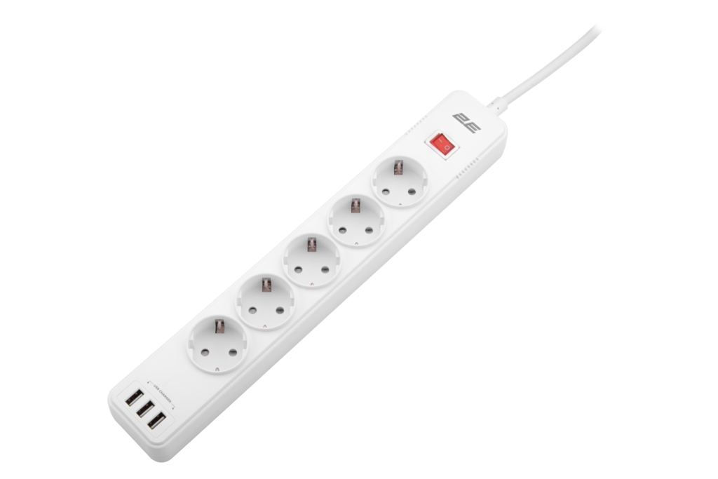 Power strip with surge protector 2E 5xType F, 3×1.5mm2, 16A, 3xUSB-A, 2m, white