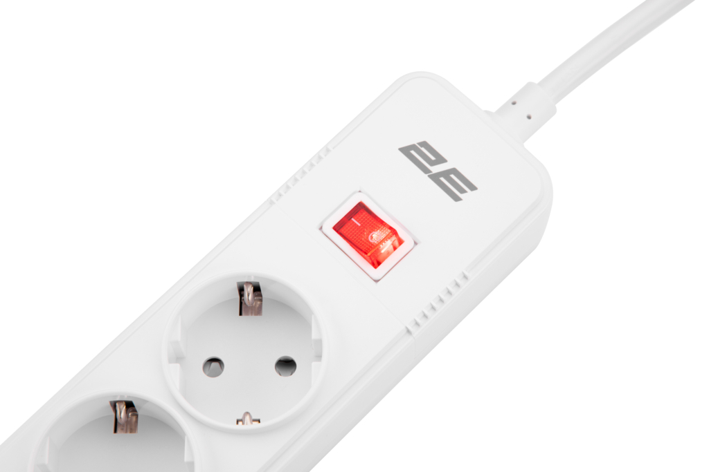 Power strip with surge protector 2E 5xType F, 3×1.5mm2, 16A, 3xUSB-A, 2m, white