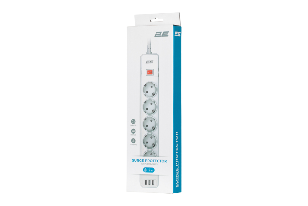 Power strip with surge protector 2E 5xType F, 3×1.5mm2, 16A, 3xUSB-A, 2m, white