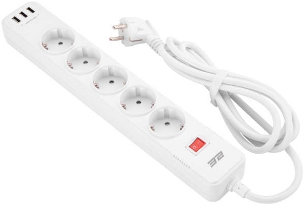 Power strip with surge protector 2E 5xType F, 3×1.5mm2, 16A, 3xUSB-A, 2m, white
