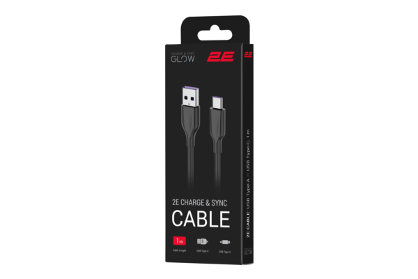 Кабель USB-A > USB-C зарядки/синхронизации 2E, 1м, Type-C, Glow, черный