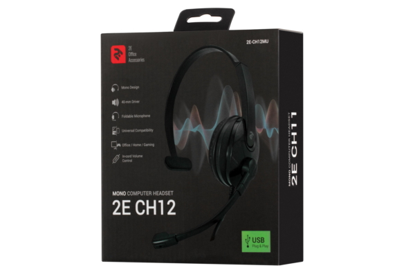 PC headset mono On-ear 2E CH12 USB, omni-mic, 2m, black