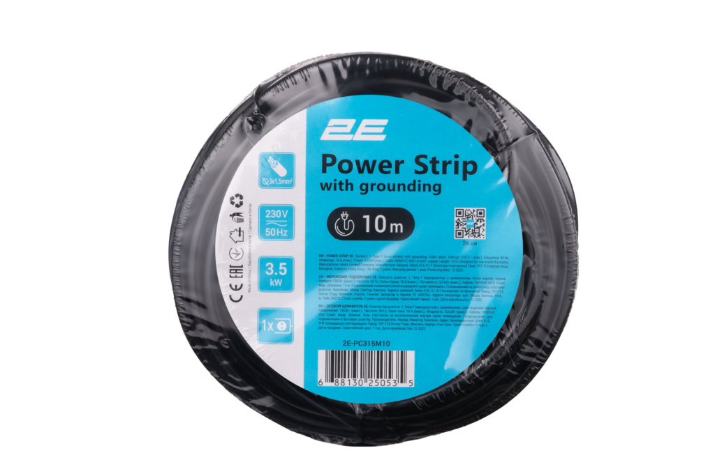 2E Power Strip 1хType F, 3х1.5mm2, 16A, 10m, black