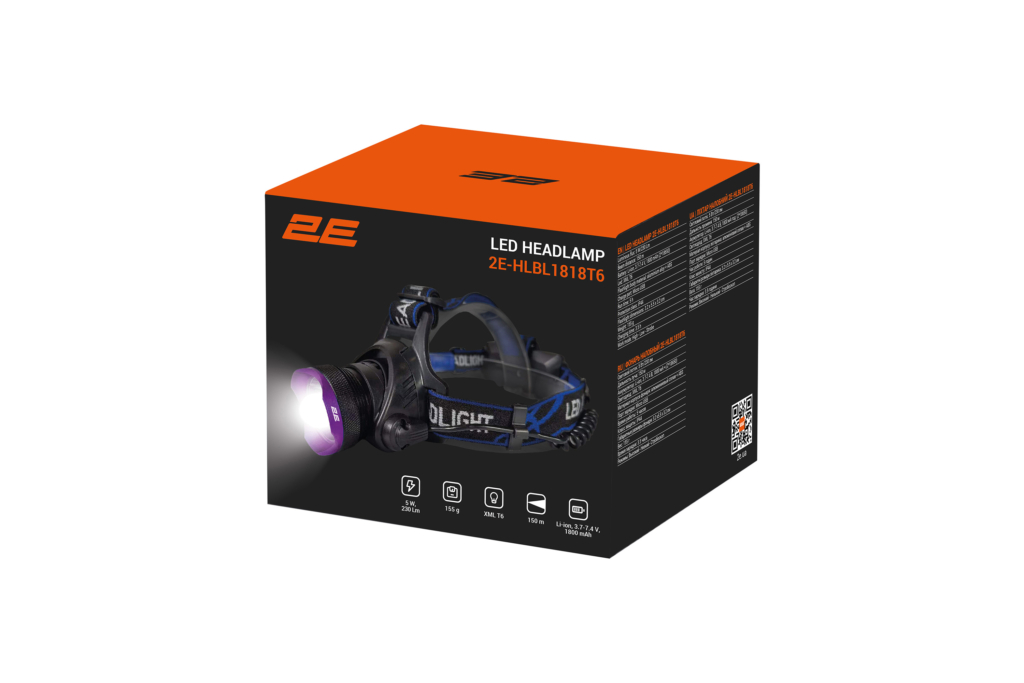 Фонарь налобный аккумуляторный 2E HLBL1818T6 Micro-USB 3600мА·ч 230лм 5Вт 3 режима освещения IP44 0.16кг