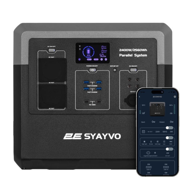 Портативная электростанция 2Е Syayvo 2400 Вт, 2560 Втч, WiFi/BT, параллельное подключение, быстрая зарядка