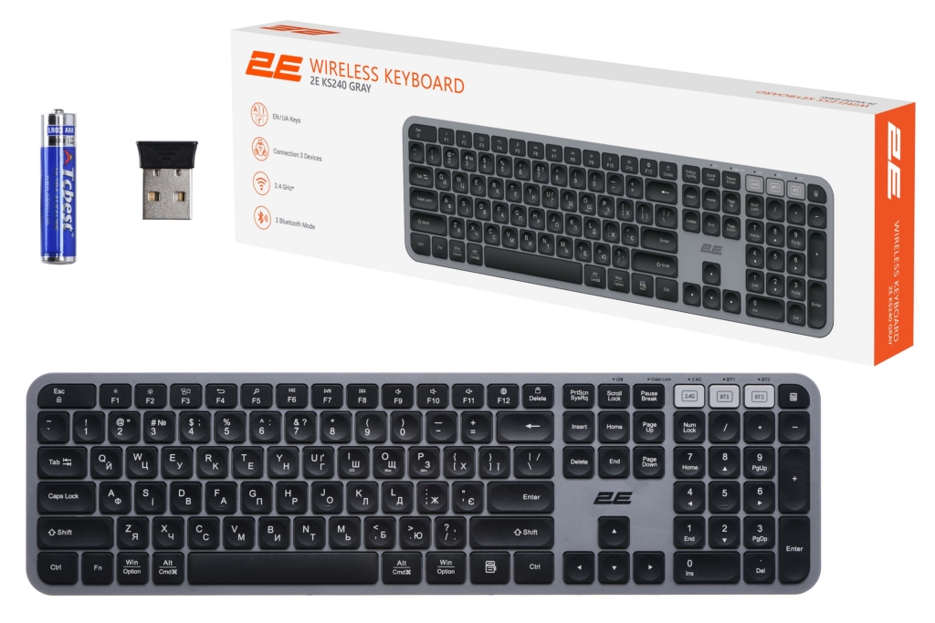 Клавиатура мембранная 2E KS240 110key, WL/BT, EN/UK, серо-чёрный