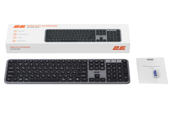 Клавіатура мембранна 2E KS240 110key, WL/BT, EN/UK, сіро-чорний