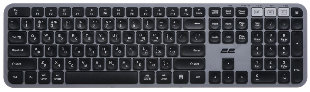 Клавиатура мембранная 2E KS240 110key, WL/BT, EN/UK, серо-чёрный