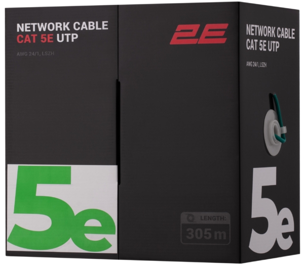 Кабель «витая пара» 2E CAT 5e, U-UTP, 305м, AWG 24/1, LSZH, зеленый