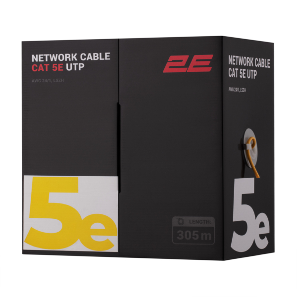 Кабель «витая пара» 2E CAT 5e, U-UTP, 305м, AWG 24/1, LSZH, желтый