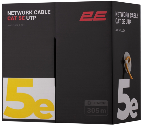 Кабель «витая пара» 2E CAT 5e, U-UTP, 305м, AWG 24/1, LSZH, желтый