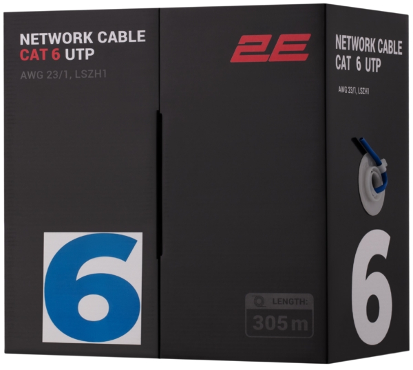 Кабель «витая пара» 2E CAT 6, U-UTP, 305м, AWG 23/1, LSZH-1, синий