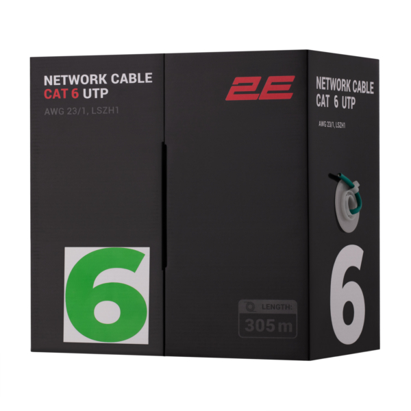 Кабель «витая пара» 2E CAT 6, U-UTP, 305м, AWG 23/1, LSZH-1, зеленый